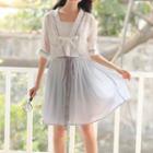Set: Chiffon Lace Up Elbow-sleeve Jacket + Camisole Top + Tie-waist A-line Skirt