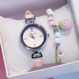 Set: Faux Leather Circle Strap Watch + Beaded Bracelet