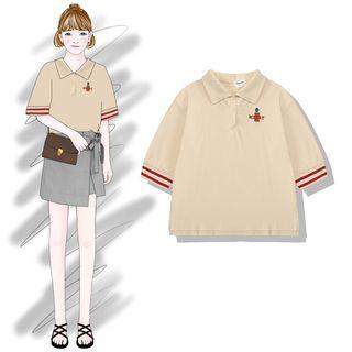 Elbow-sleeve Embroidered Polo Shirt As Shown In Figure - One Size