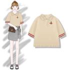 Elbow-sleeve Embroidered Polo Shirt As Shown In Figure - One Size