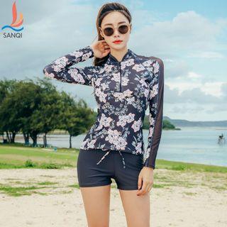 Set: Floral Print Long Sleeve Rashguard + Swim Shorts