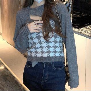Set Of 2: Houndstooth Cropped Tank Top / Plain Shrug Tank Top - Houndstooth - Gray & Shrug - Gray - One Size