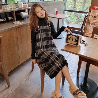 Set: Mock-turtleneck Knit Top + Plaid Knit Pinafore Dress Black - One Size