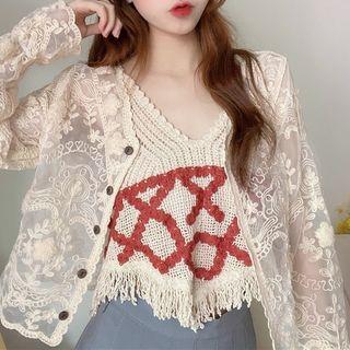 Lace Cardigan / Fringed Knit Camisole Top