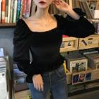Square-neck Shirred Long-sleeve Top Black - One Size