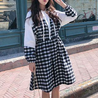 Plaid Panel A-line Hoodie Dress