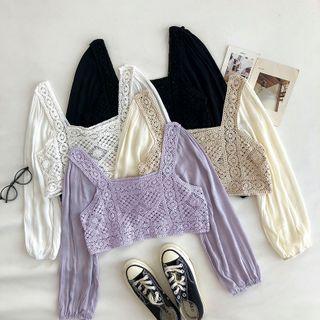 Plain Eyelet-lace Square-neck Long-sleeve Top