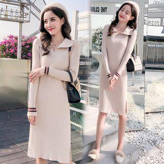 Long-sleeve Rib Knit Dress Almond - One Size