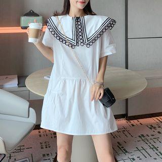 Elbow-sleeve Wide Collar Mini Dress