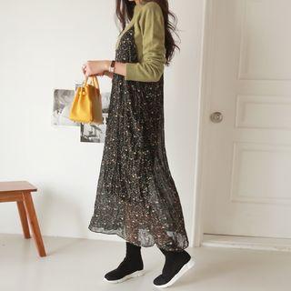 Floral Print Crinkled Pinafore Dress Floral - One Size