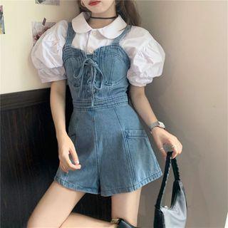 Puff-sleeve Plain Blouse / Drawstring Denim Playsuit