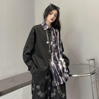 Long Sleeve Plain Panel Tie Dye Shirt With Chain