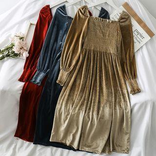 Square-neck Smocked Velvet Dress