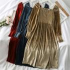 Square-neck Smocked Velvet Dress
