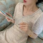Short-sleeve Sequined Crochet Pleated Dress