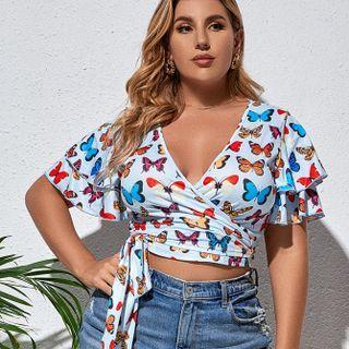 Short-sleeve Butterfly Print Wrap Cropped T-shirt