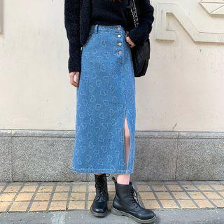Heart Embroidered Midi A-line Denim Skirt