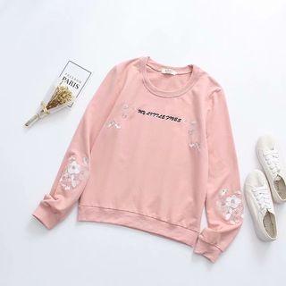 Embroidered Round-neck Long-sleeve T Shirt Pink - One Size