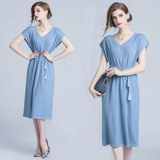 Short-sleeve Tie-waist Midi Knit Dress