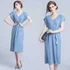Short-sleeve Tie-waist Midi Knit Dress