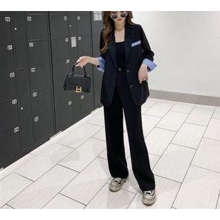 Set: Striped Panel Blazer + Wide Leg Pants