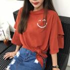 Elbow-sleeve Cut Out Printed T-shirt