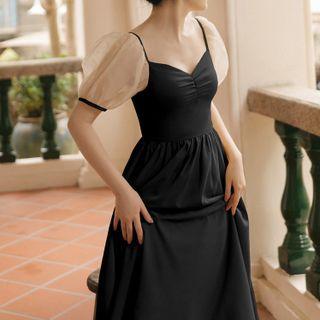 Puff-sleeve Faux Pearl Trim Midi A-line Dress