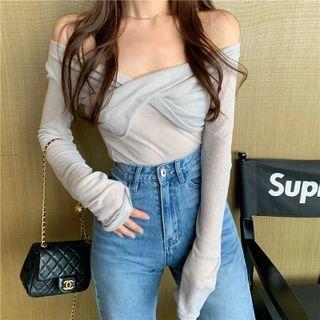 Off Shoulder Plain Bow Knit Top
