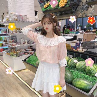 Eyelet Lace Panel Elbow-sleeve Blouse
