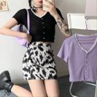 Lace Trim V-neck Short Sleeve Cardigan / Cow Pattern A-line Skirt