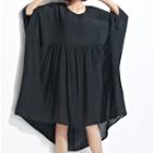 U-neck 3/4-sleeve Chiffon Dress Black - One Size
