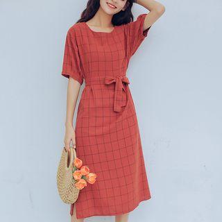Plaid Tie Waist Midi Short-sleeve Dress