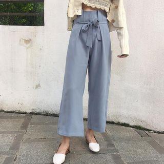 Plain Loose-fit Cropped Wide-leg Pants