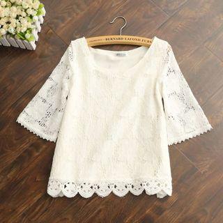 Elbow-sleeve Lace-overlay Blouse