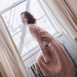 Crew-neck Sweater / High Waist Midi A-line Knit Skirt