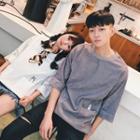 Couple Matching Cat Embroidered Elbow-sleeve T-shirt