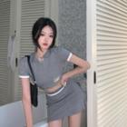 Short-sleeve Cropped Polo Shirt / Mini Pencil Skirt