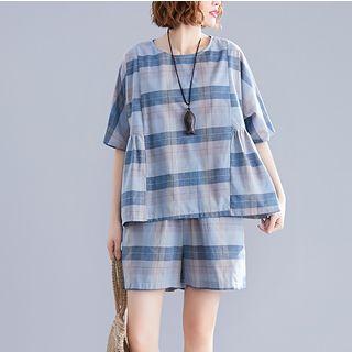 Set: Elbow-sleeve Plaid Top + Shorts