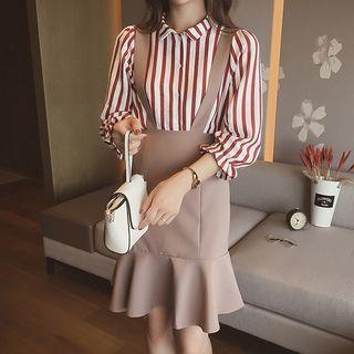 Set: Pinstripe 3/4-sleeve Blouse + Suspender Minidress