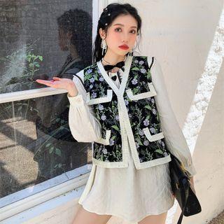 Long-sleeve Wide Collar Mini Smock Dress / Floral Print Vest