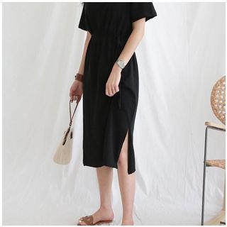 Scoop-neck Slit-side Midi Dress With Sash