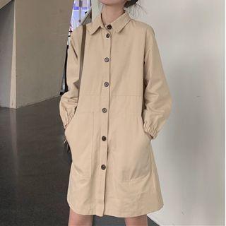 Long-sleeve Plain Mini Dress Almond - One Size