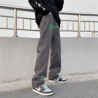 Mid Rise Lettering Wide Leg Jeans