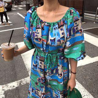 Puff-sleeve Pattern Midi Dress With Sash