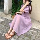 Plain Puff-sleeve Waist Dress