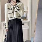 Contrast Trim Cropped Cardigan / Pleated Midi A-line Skirt / Set