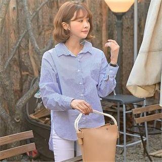 Button-trim Dip-back Stripe Shirt
