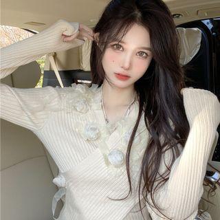 Rose Accent Wrapped Knit Top White - One Size