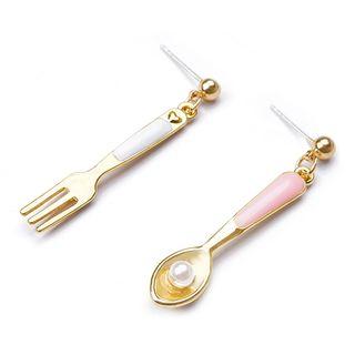 Alloy Faux Pearl Spoon & Fork Dangle Earring