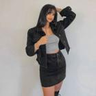 Fray-hem Flap-pocket Denim Jacket Black - One Size